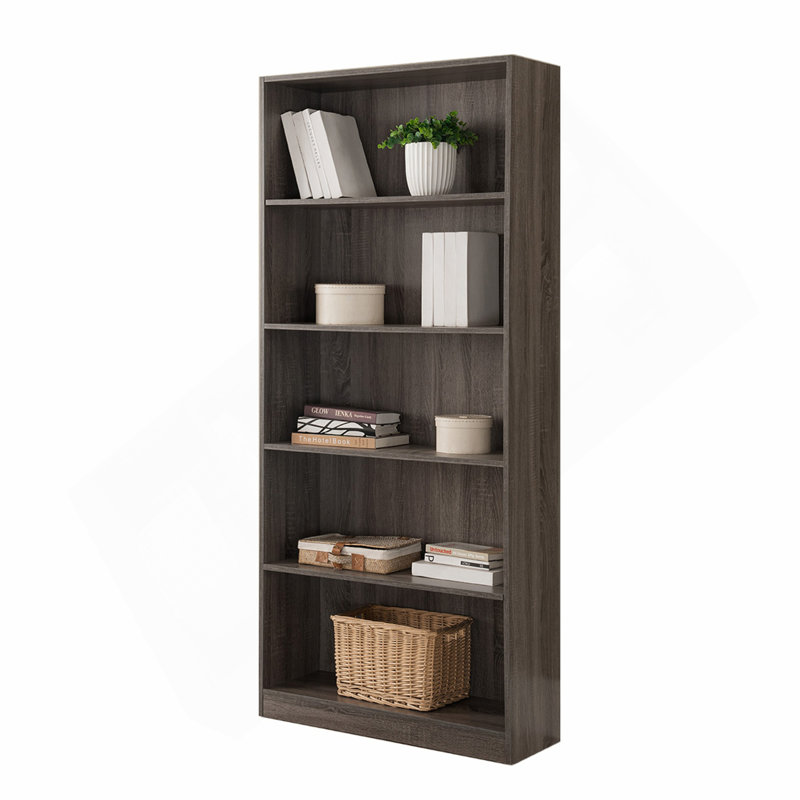 Vitrine à cinq tablettes en bois avec moulure de couleur gris