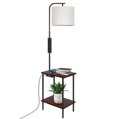 Lampe sur pied DEL à finition noyer avec table d'appoint intégrée, gradation continue, ports USB et télécommande