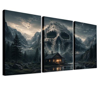 Ensemble de 3 toiles murales surréalistes représentant une montagne de crânes avec cascade, idéal pour l’Halloween.