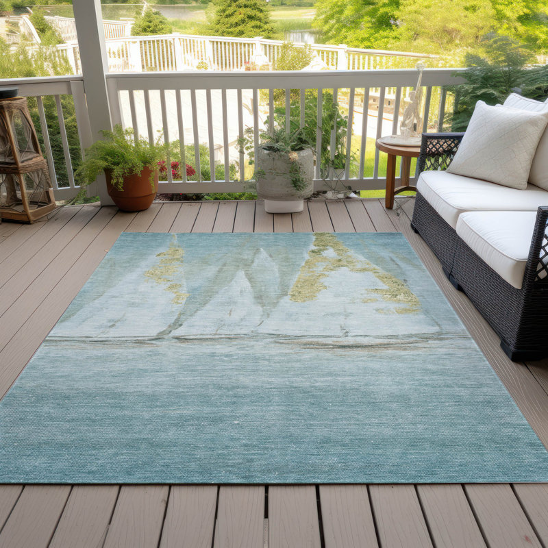 Tapis bleu sarcelle lavable à la machine intérieur / extérieur Xhevrie, Rectangle 9 pi x 12 pi