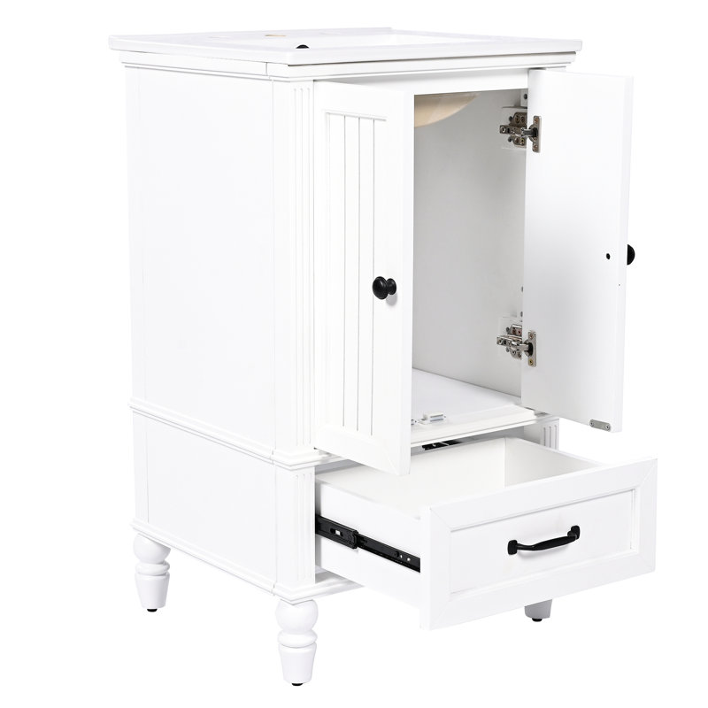 Meuble-lavabo de 20 po avec lavabo encastré, armoire à deux portes, tiroir, patins réglables, butée magnétique, charnières en acier inoxydable à finition blanche, style moderne