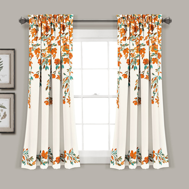 Panneaux de rideaux à motif floral obscurcissants et thermiques avec passe-tringle, Tangerine / turquoise, l 52 po x L 63 po
