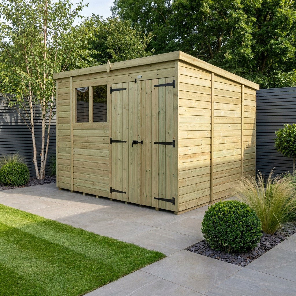 Total Sheds 10ft x 10ft Pent Garden Shed - Double Door - With Windows - Pressure Treated Timber - UK Manufactured