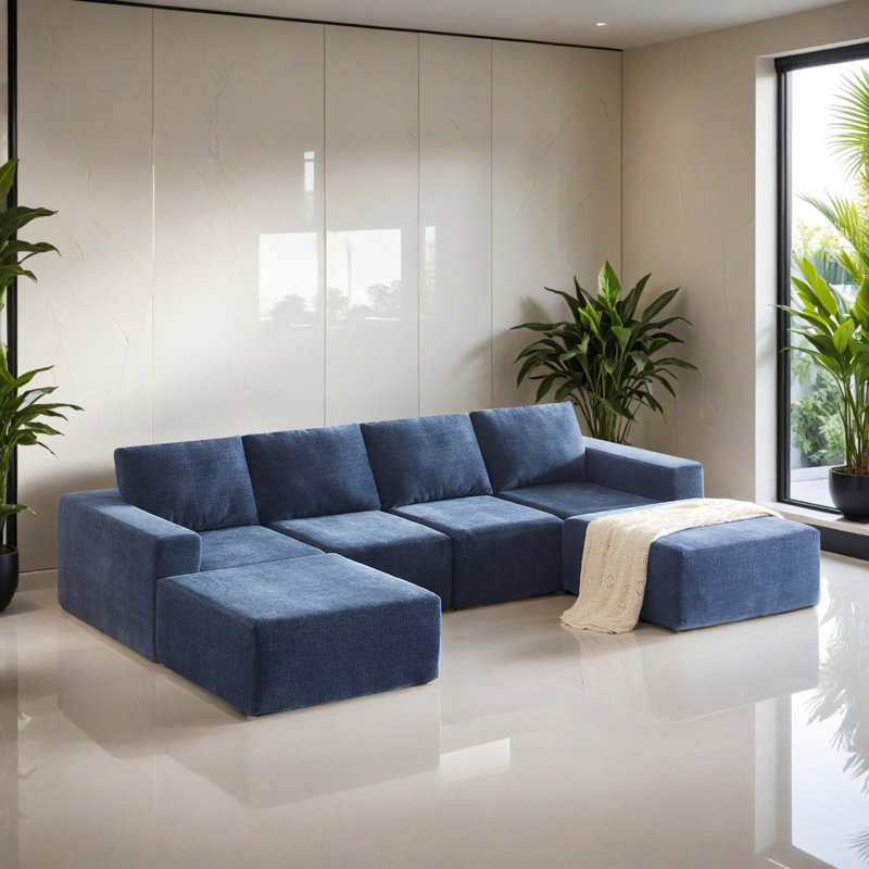 Canapé-lit modulaire 6 pièces pour salon, Chenille bleu marine