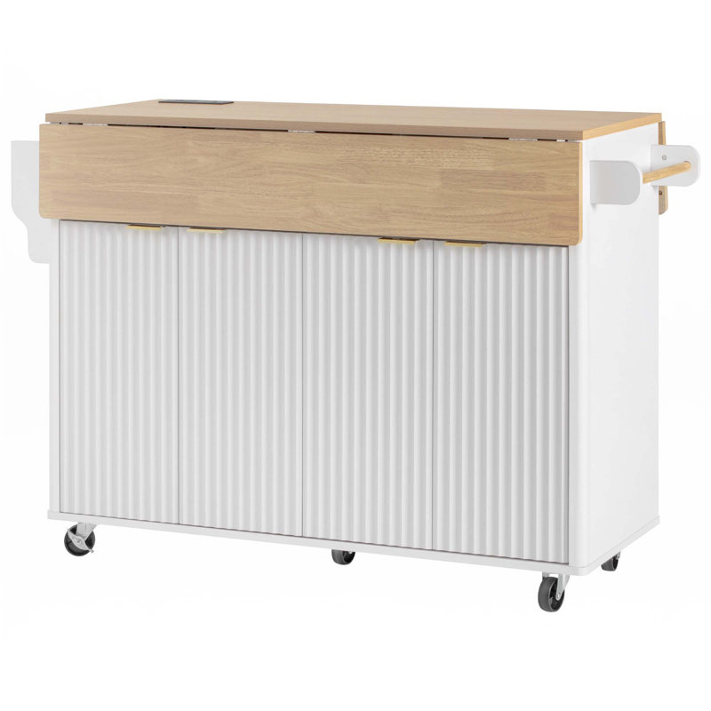 55.5" Fluted Kitchen Island With 2 Drop Leaf, Kitchen Storage Cart With Power Outlet, White