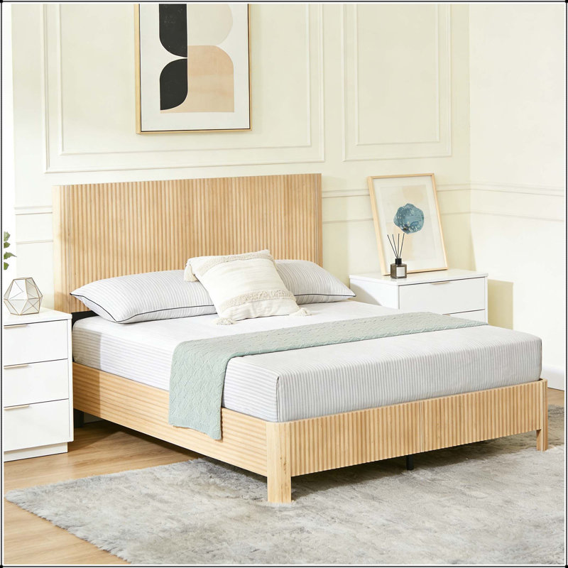 Lit à lignes ondulées en bois, aucun sommier nécessaire, Double, Chêne