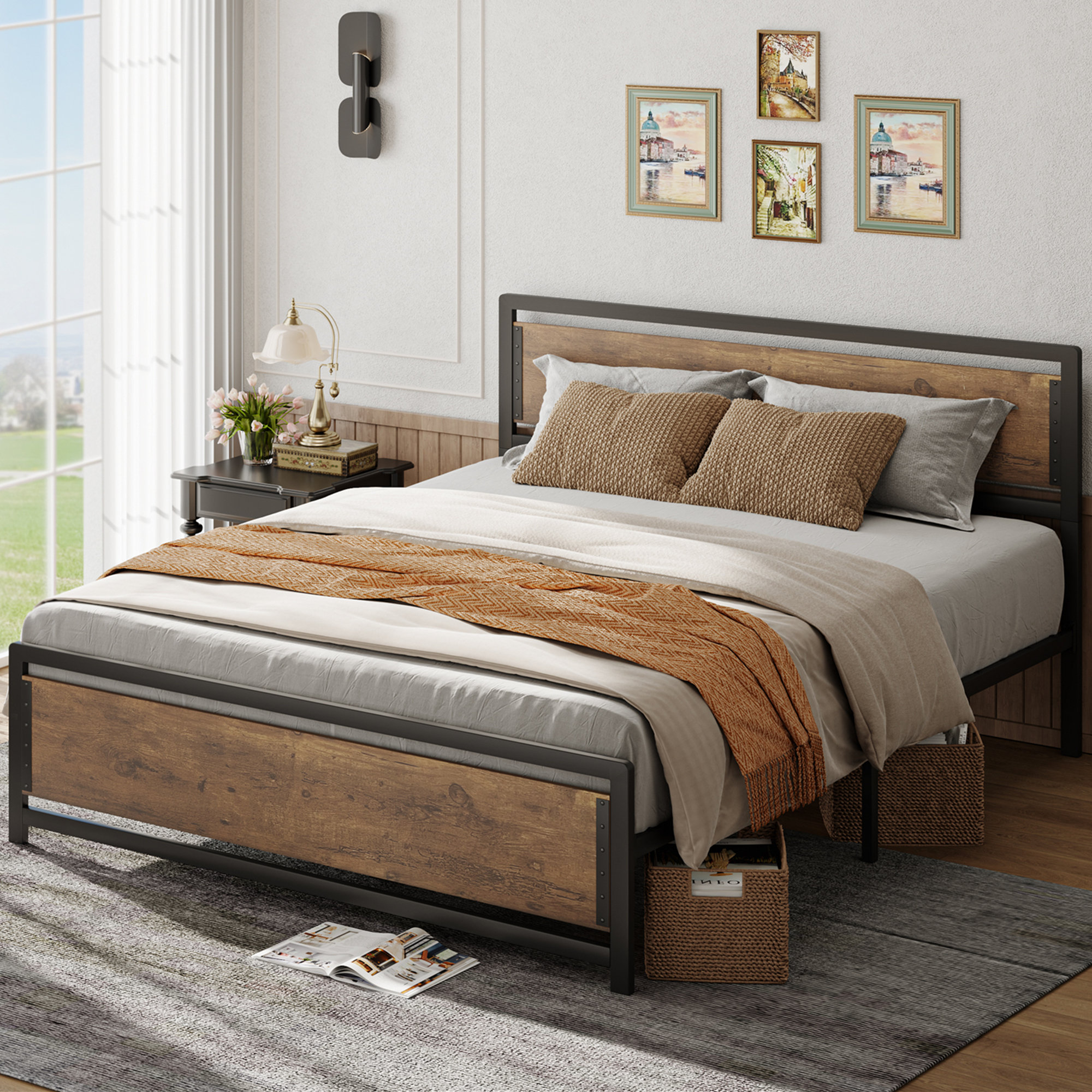 Millwood Pines Wood and Black Metal Frame Platform Bed with Headboard ...