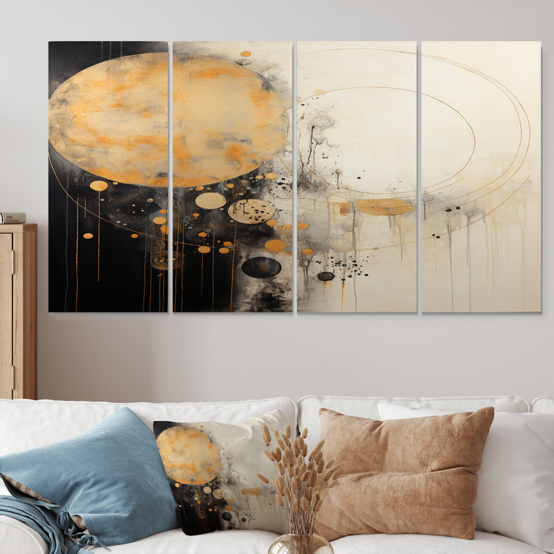 «Full Moon Time Balance I», ensemble d'art mural abstrait 4 pièces, H 32 po x l 64 po