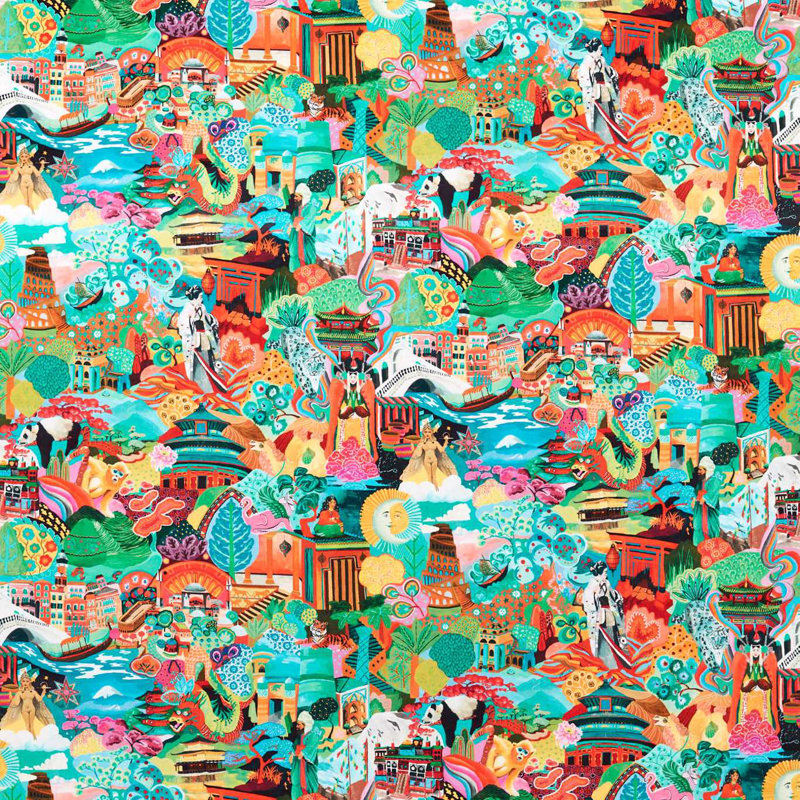 Journey of Discovery Fabric, Blue/Orange/White