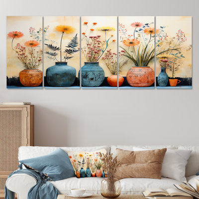 «Blue Floral Watercolor Pottery IV - Boho Pottery», ensemble de 5 pièces d'art mural