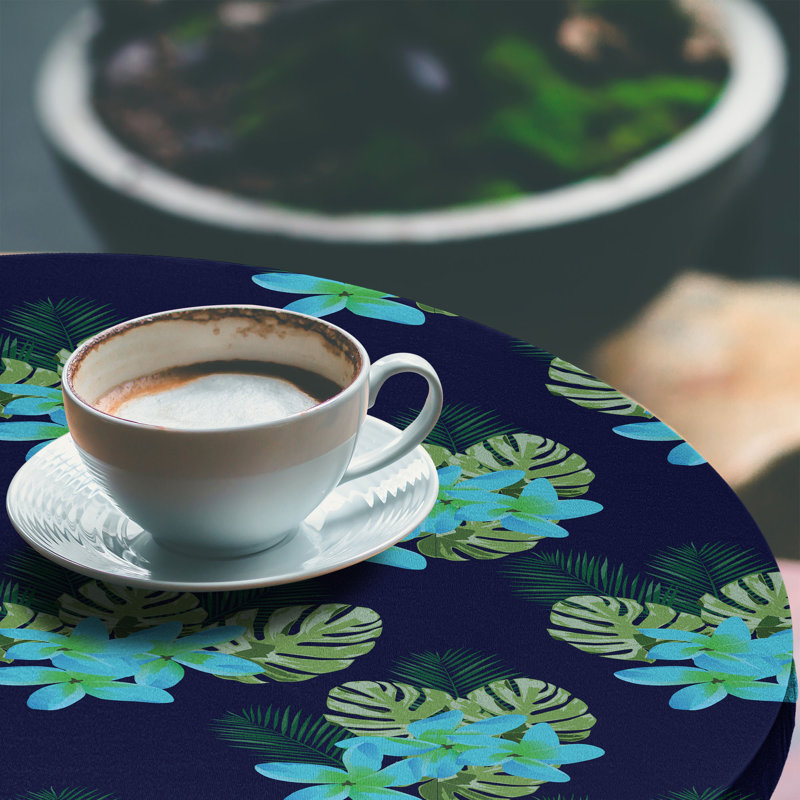 Winston Porter Tropical Fitted Round Tablecloth Diameter Indigo and Multicolor, 64.17" Round, Black/Green