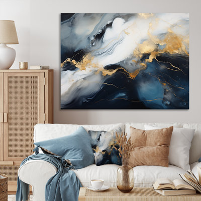 Encre de marbre abstraite dorée et bleue I - décoration murale en marbre