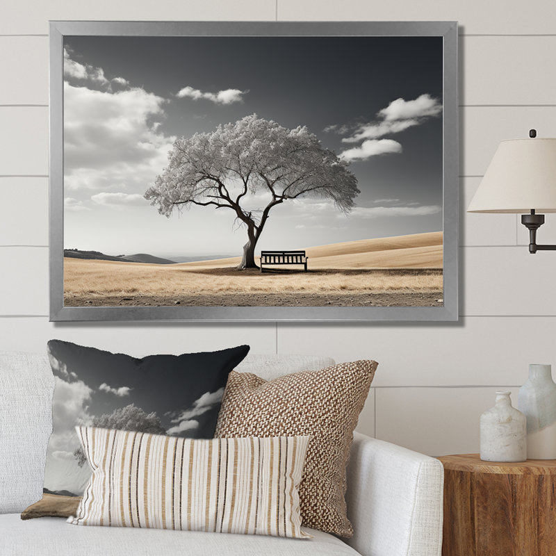 Solitude banc sous un arbre monochrome sur toile, Cadre simple argenté, H 12 po x l 20 po x P 1 po