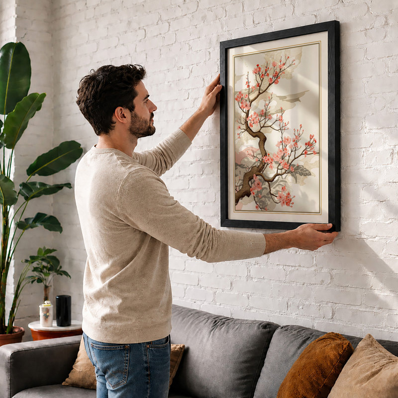 Cherry Blossom Branch Japandi - Framed Print, Black, A4 - 29.7 x 21.0 cm
