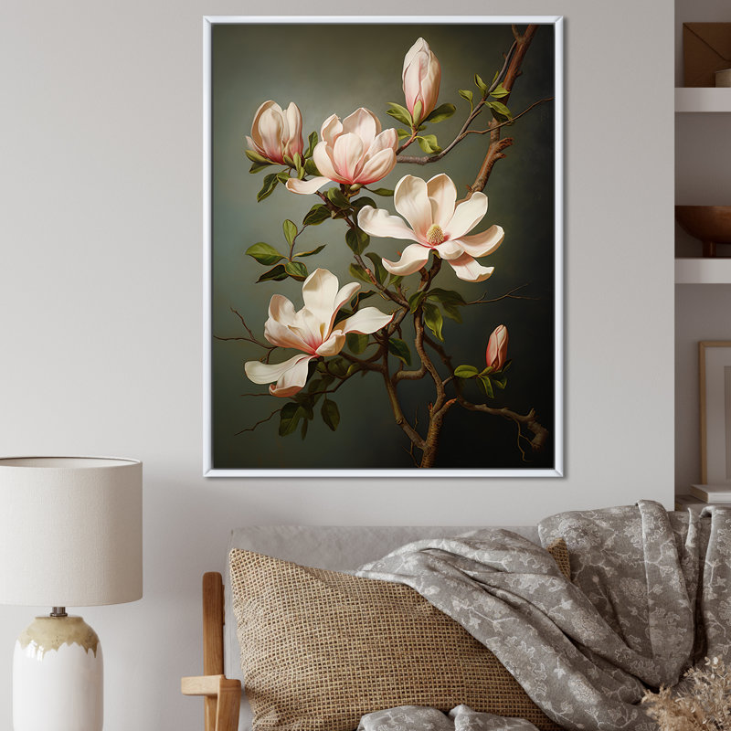 Magnolias méditation sur toile, Cadre flottant blanc, H 44 po x l 34 po x P 1,5 po
