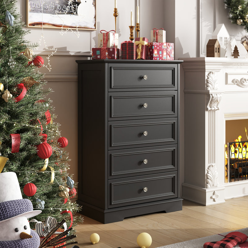 Valera 27.5'' W Vintage 5-Drawer  Dresser with Bronze-Colored Handles, Black