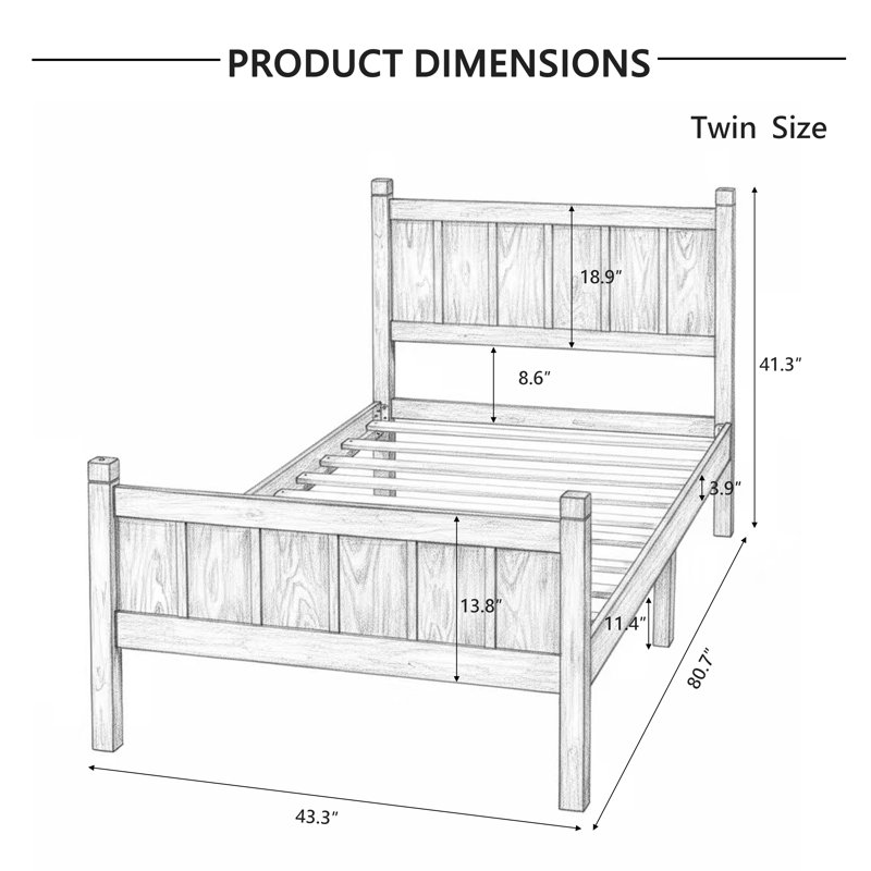 Farmhouse Bed Frame with Headboard and Footboard, Wood Platform Bed with Tall Legs and Underbed Storage, No Box Spring Needed, Dark Walnut, Twin