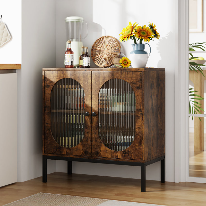 Wooden Sideboard Buffet Cabinet with Natural Rattan Doors and Solid Metal Feet