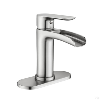 Waterfall Bathroom Faucet Single Handle Bathroom Sink Faucets 1 Or 3 Hole Solid Vanity Faucet With Deck Plate & Overflow Pop Up Drain Brushed Nickel