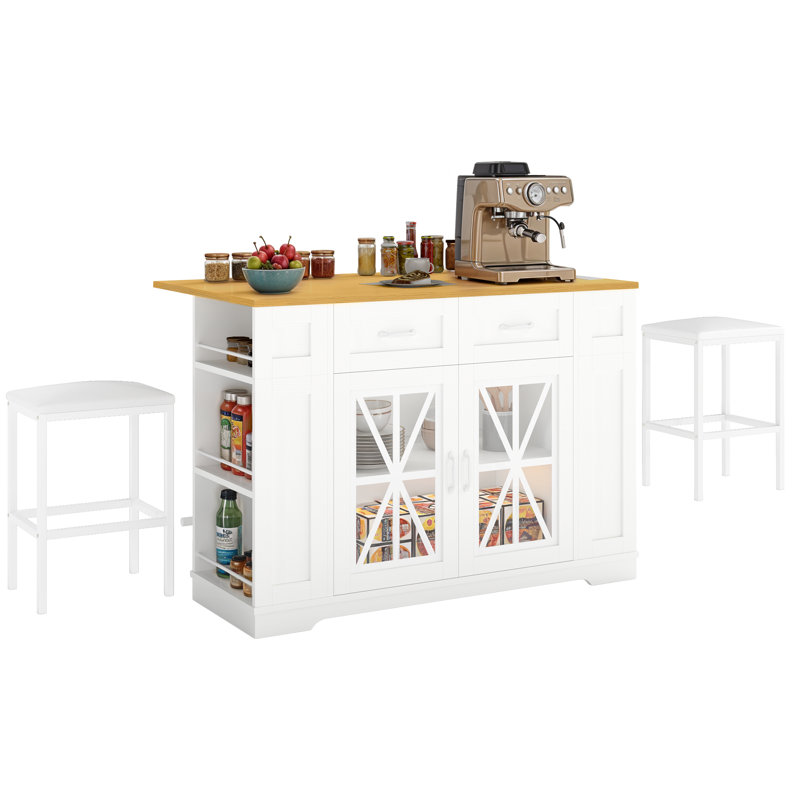 47" Large Portable Kitchen Island Dining Bar Kitchen Table with Drop Leaf and 2 Stools, White/Oak Wood