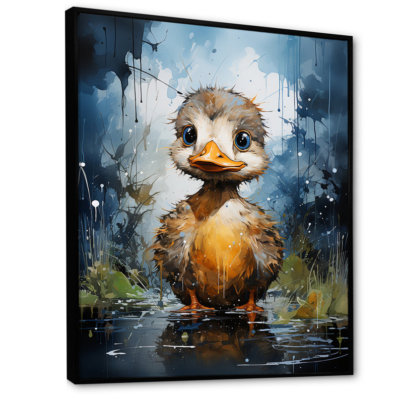 Mignon canard bleu et jaune pour chambre de bébé, H 32 po x l 24 po x P 1 po, Cadre flottant noir