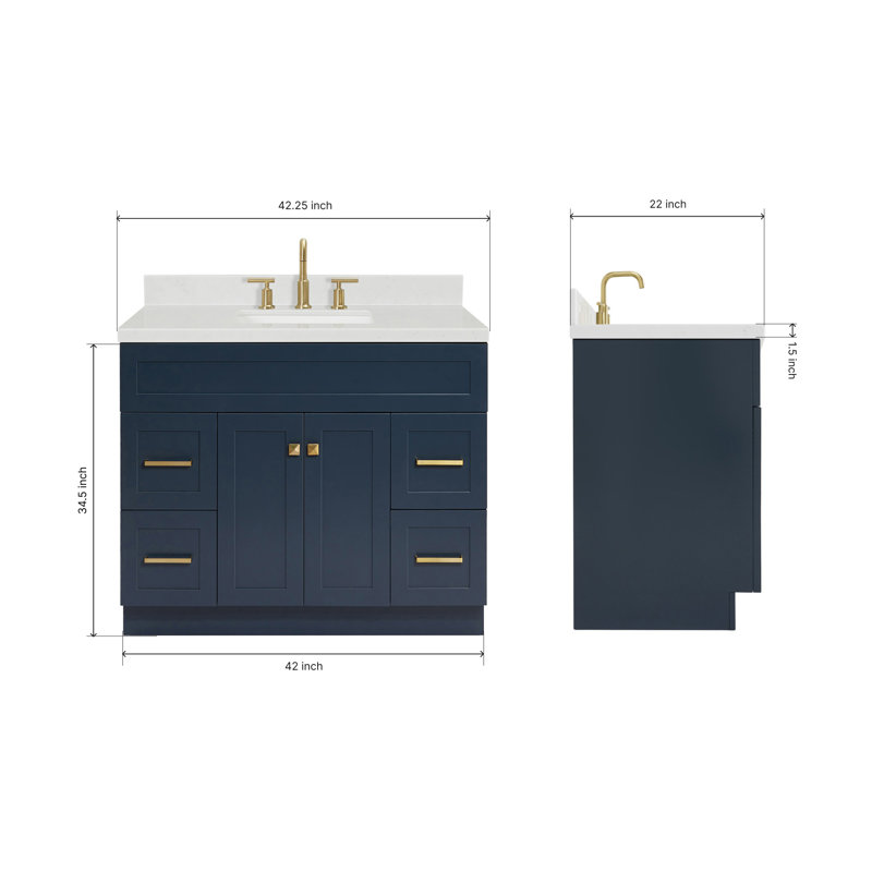 Meuble-lavabo sur pied simple 42 po avec plateau en quartz Hamlet, Bleu minuit