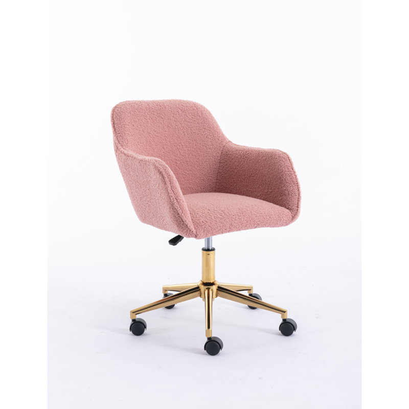 Modern Teddy Fabric Material Adjustable Height 360 Revolving Home Office Chair With Gold Metal Legs And Universal Wheel For Indoor,Pink