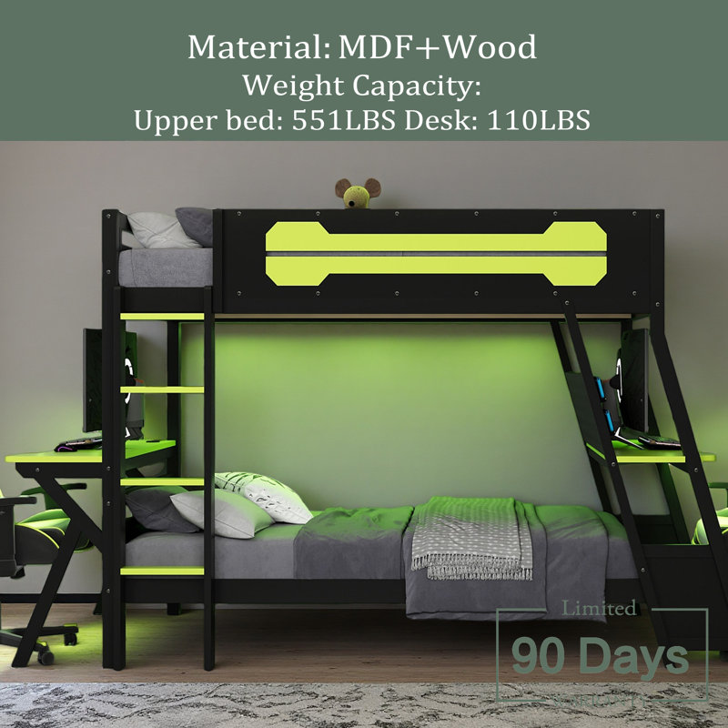 Bunk Bed With Two Built-In Gaming Desks, USB Desktop Ports & Pegboard Organizer, Gaming Bunk Frame For Gamer, Twin Over Twin
