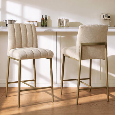 Comfortable Bar Stools Set of 2, 26” Thick Upholstered Counter Height Bar Stools with Back, Linen Counter Stools with Metal Legs for Kitchen Island, Khaki
