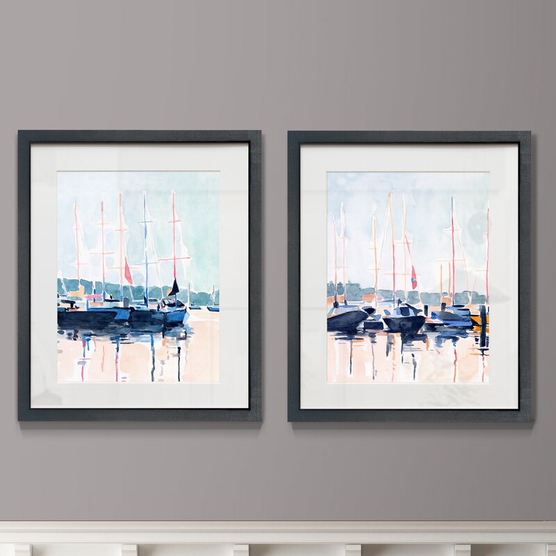 Longshore Tides Watercolor Boat Club Framed On Paper 2 Pieces Painting ...