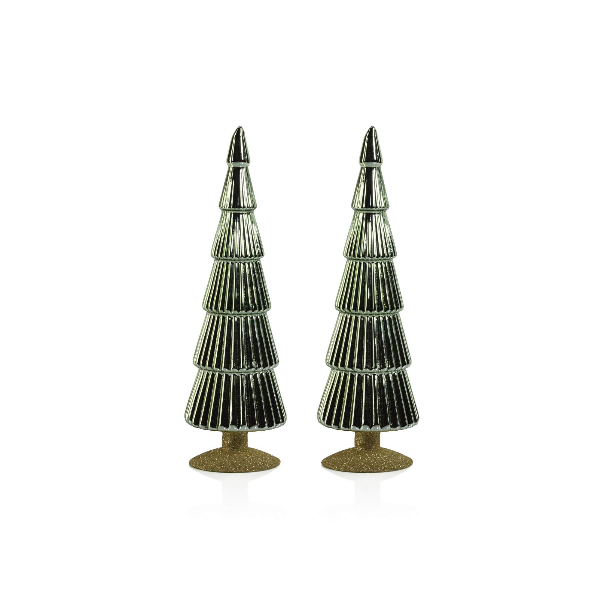 Dembe Classic Red Glass Tree on Gold Glitter Base, Set of 2, Light Green/Gold, 13.5" H x 3.5" W x 3.5" D