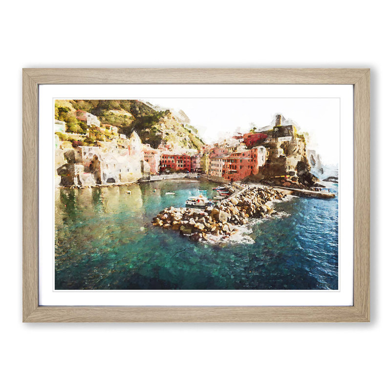 Boats in Vernazza Italy in Abstract - Picture Frame Graphic Art Print, Oak Framed, 48cm H x 65cm W x 2cm D
