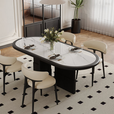 Table de salle à manger moderne 78,74 po ovale avec plateau en pierre frittée blanche