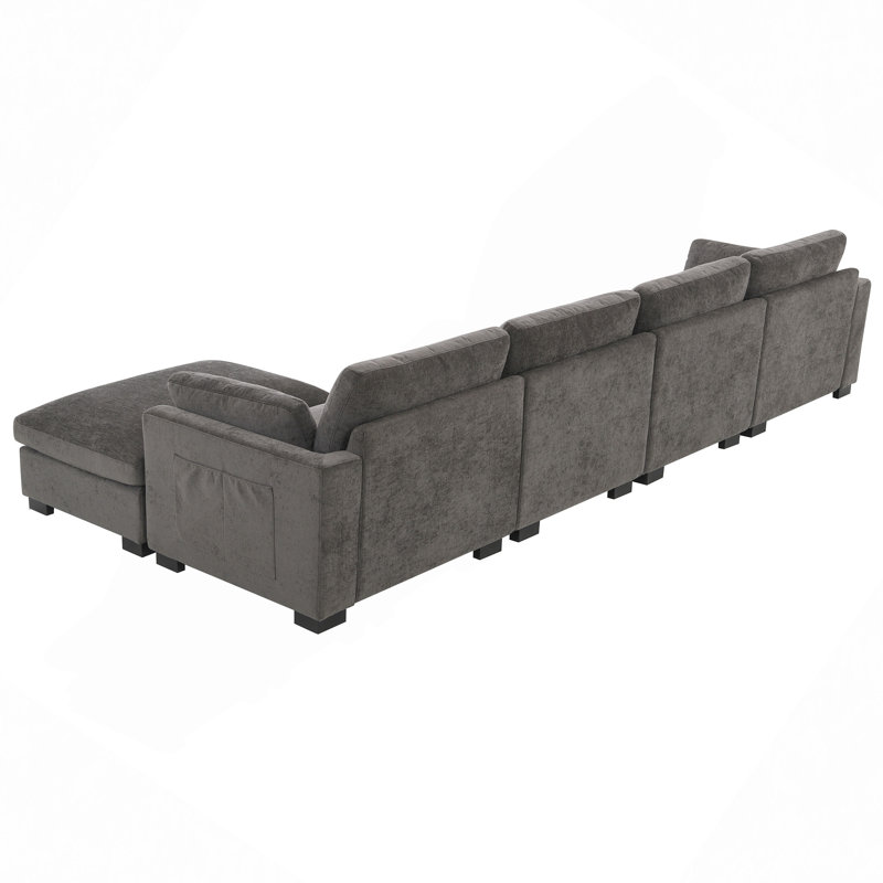 Modular Sectional Sofa, L-Shape With Folding Table And Dual-Port Charging, Side Storage Pockets, 2 Armrest Pillows, Free Movement Ottoman, High Density Foam, Chenille