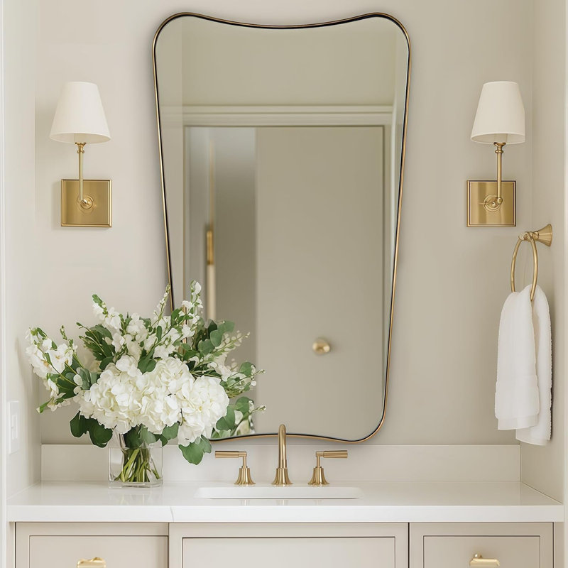 Contemporary Concave Scalloped Irregular Bathroom Vanity Mirror | Stainless Steel Frame, Brushed Gold, 40" x 24"