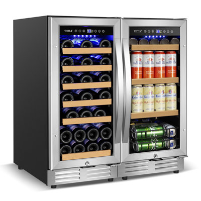 30" Wine and Beverage Refrigerator 30 Bottle & 130 Can Dual Zone Split Wine Cooler with Four Handles on Fridge.com