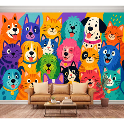 Wall Mural Peel and Stick Wallpaper Seamless fun colorful cats dogs Self-Adhesive Removable Contact Paper Wall Decor for Living Room Bedroom 100"H x 144"W