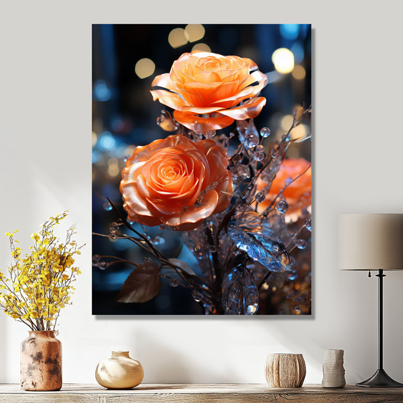 «Vibrant Orange Rose Morning Forest - Roses», reproduction d'art murale, H 44 po x l 34 po x P 1,5 po, Toile tendue