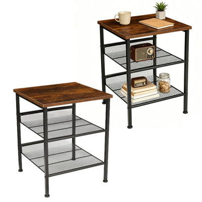 Industrial 3-Tier Square End Table Set of 2 – Sturdy Metal Frame – Mesh Shelves – Rustic Bedside table or Side Table – Versatile for Living Room or Bedroom – Vintage