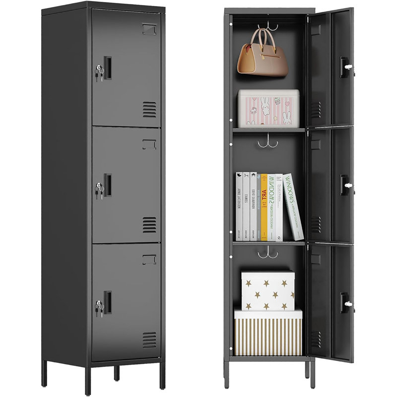 Upgraded Lockable 3 Doors Metal Lockers With Hooks For Home Office School Gym,assembly Required,black, Black