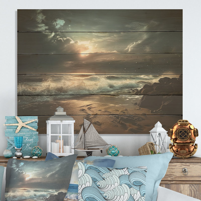 Paysage de plage rocheuse I - art en bois océanique sur bois de pin naturel, H 24 po x l 32 po
