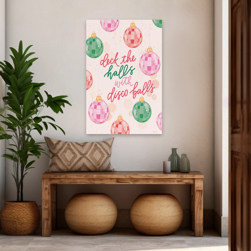 Pont des couloirs avec boules disco - Art contemporain ornements des boules disco rose vert rouge, H 48 po x l 32 po