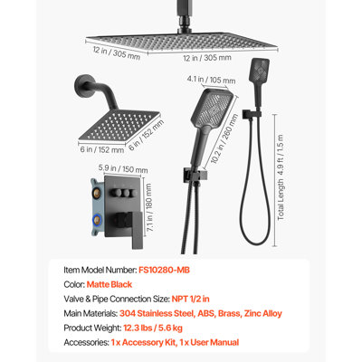 Ensemble de robinet de douche, système de douche à pluie au plafond de 12 pouces avec tête de fixation murale de 6 pouces et douchette à main 4 en 1, valve rotative à double fonction en laiton à 3 fonctions et ensemble de garniture, nickel brossé