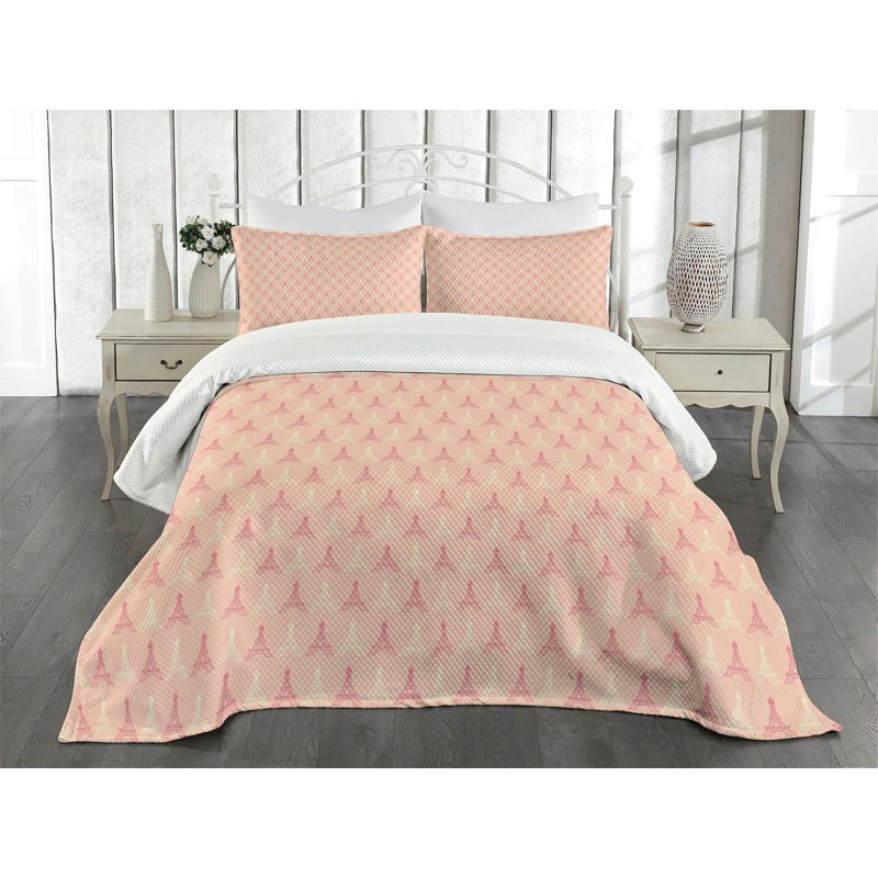 Ambesonne Paris Bedspread Set Eiffel Tower Pattern Pale Yellow Dark Coral, King Bedspread + 2 Standard Shams