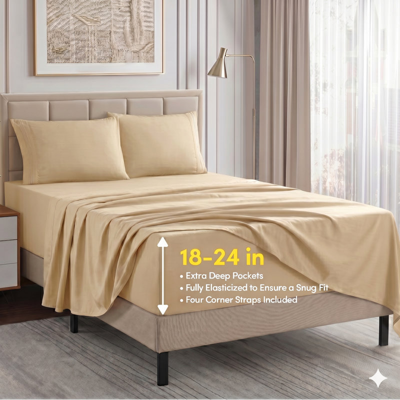 18-24" Extra Deep Pocket Ultra Soft Microfiber Solid Sheet Set, Beige, Twin