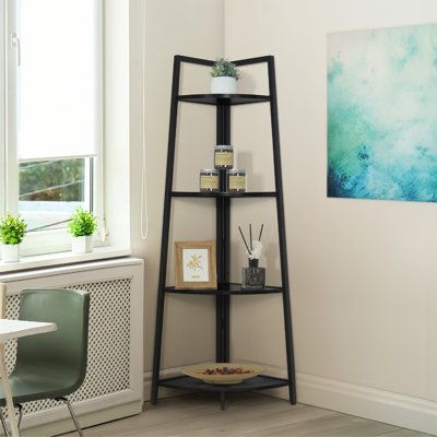 Tall Corner Shelf Stand, 4-Tier Display Shelves, Ladder Corner Wood Storage Plant Bookshelf with Metal Frame, Versatile Shelving Unit Bookcase for Home Office Space, Black