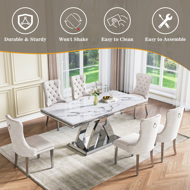 69" Modern Faux Marble Dining Table Set With Double X Base, 7 Pieces: Table, 6 Chairs, White/Silver, Silver