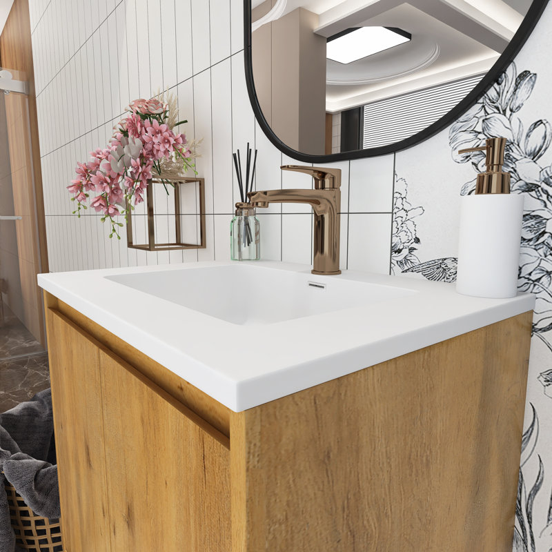 Meuble-lavabo autoportant à simple cuve 24 po avec plateau en marbre Sylee, Blanc, Chêne