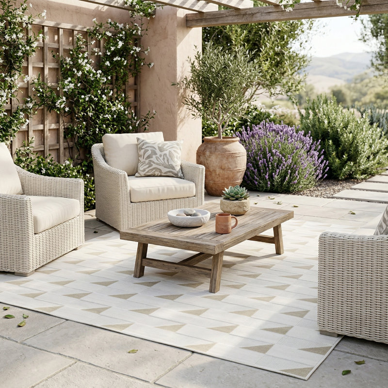 Tapis turc à motif écossais à poils longs beige foncé / crème pour patio, terrasse, porche ou entrée