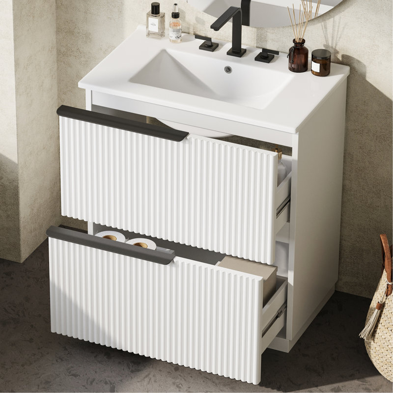 Meuble-lavabo blanc de 30 po avec solution de rangement intelligente, 17,5 po de long, aspect fonctionnel, tiroirs à extension et tiroir à fermeture en douceur